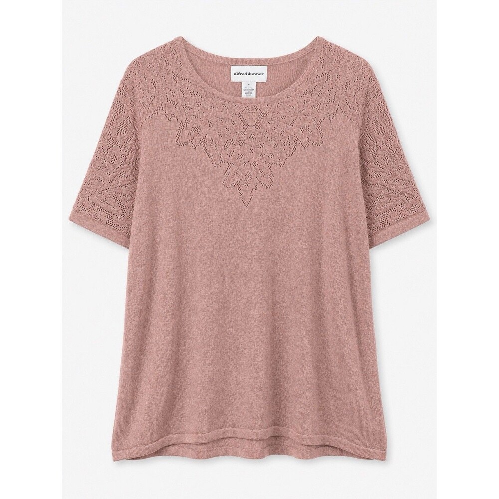 Alfred Dunner Women’s Short Sleeve Crochet Sweater Blouse Pink Size Medium